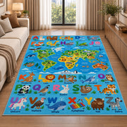 bright animal alphabet map rug displayed in a sunlit lounge beside a sofa
