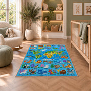 bright animal alphabet map rug displayed in a nursery beside an upholstered chair