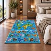 bright animal alphabet map rug displayed in a bedroom beside the bed