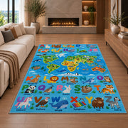 bright animal alphabet map rug displayed in a living room with a fireplace