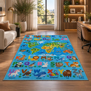 bright animal alphabet map rug displayed in a lounge with wooden shelves