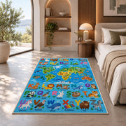bright animal alphabet map rug displayed in a bedroom in sunlight