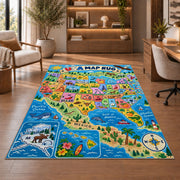usa nature state map rug displayed in a living room with wooden shelves