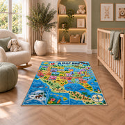 usa nature state map rug displayed in a nursery beside an upholstered chair