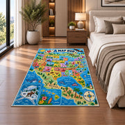 usa nature state map rug displayed in a bedroom beside the bed