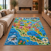usa nature state map rug displayed in a living room with a fireplace