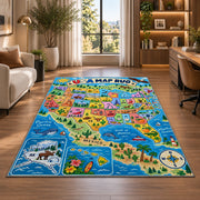 usa nature state map rug displayed in a lounge with wooden shelves