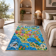 usa nature state map rug displayed in a bedroom in sunlight