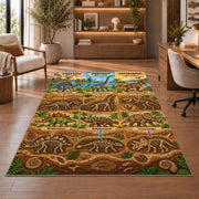 dinosaur fossil layers rug displayed in a living room with wooden shelves
