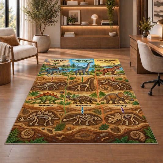 dinosaur fossil layers rug displayed in a living room with wooden shelves