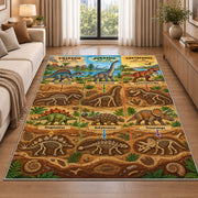 dinosaur fossil layers rug displayed in a sunlit lounge beside a sofa