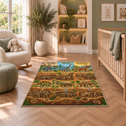 dinosaur fossil layers rug displayed in a nursery beside an upholstered chair