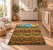 dinosaur fossil layers rug displayed in a nursery beside a crib