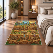 dinosaur fossil layers rug displayed in a bedroom beside the bed