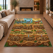 dinosaur fossil layers rug displayed in a living room with a fireplace