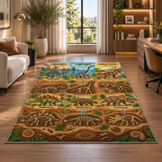 dinosaur fossil layers rug displayed in a lounge with wooden shelves