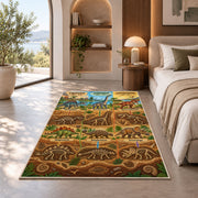 dinosaur fossil layers rug displayed in a bedroom in sunlight
