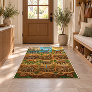 dinosaur fossil layers rug displayed in a entryway beside a wooden door