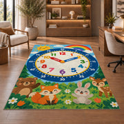 forest animals telling time rug displayed in a living room with wooden shelves