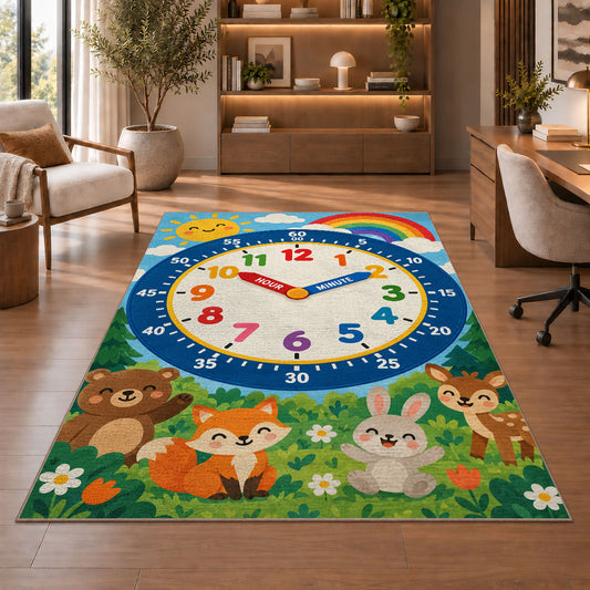 forest animals telling time rug displayed in a living room with wooden shelves