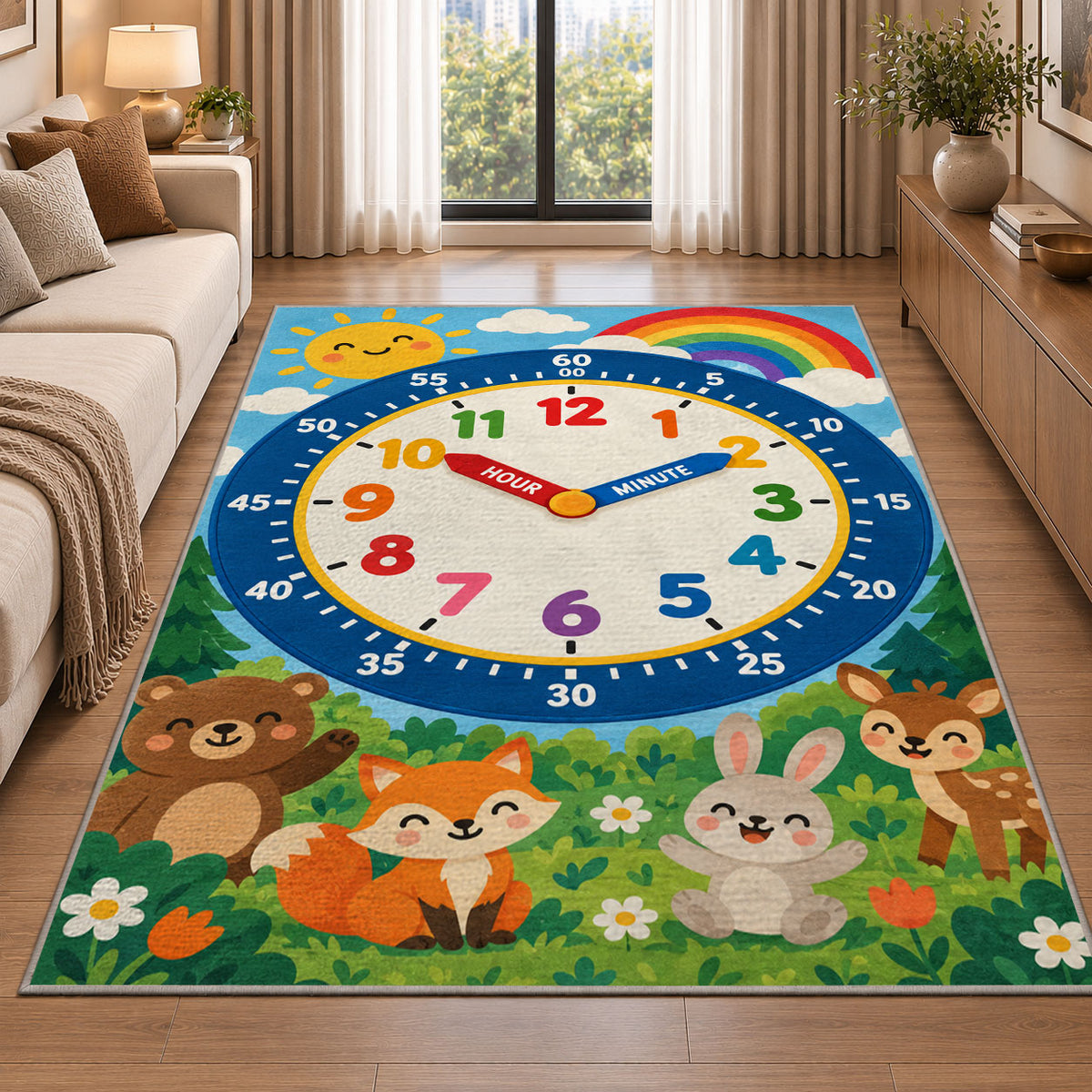 forest animals telling time rug displayed in a sunlit lounge beside a sofa