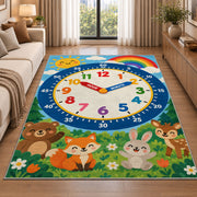 forest animals telling time rug displayed in a sunlit lounge beside a sofa
