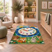 forest animals telling time rug displayed in a nursery beside an upholstered chair