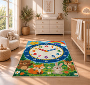 forest animals telling time rug displayed in a nursery beside a crib