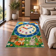 forest animals telling time rug displayed in a bedroom beside the bed