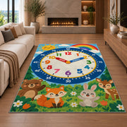 forest animals telling time rug displayed in a living room with a fireplace