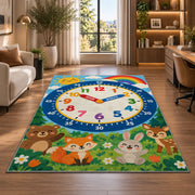 forest animals telling time rug displayed in a lounge with wooden shelves