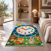 forest animals telling time rug displayed in a bedroom in sunlight