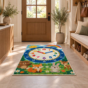 forest animals telling time rug displayed in a entryway beside a wooden door