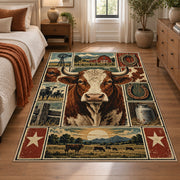 Farmhouse Cow Heritage Collage area rug shown in a bedroom