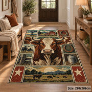 Farmhouse Cow Heritage Collage area rug shown in a entryway