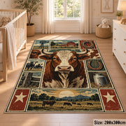 Farmhouse Cow Heritage Collage area rug shown in a nursery