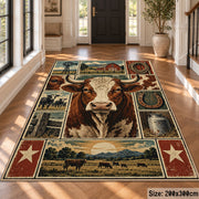 Farmhouse Cow Heritage Collage area rug shown in a foyer