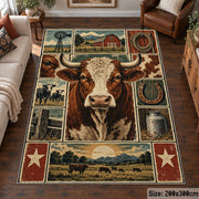 Farmhouse Cow Heritage Collage area rug shown in a living room