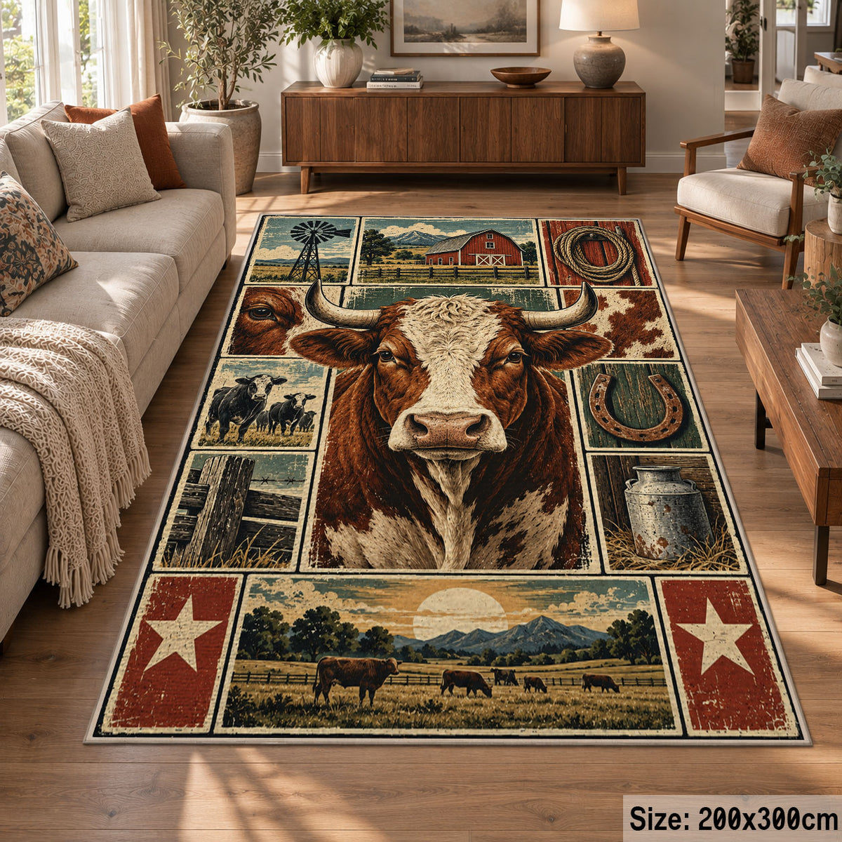 Farmhouse Cow Heritage Collage area rug shown in a lounge