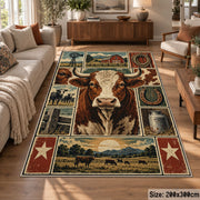 Farmhouse Cow Heritage Collage area rug shown in a lounge