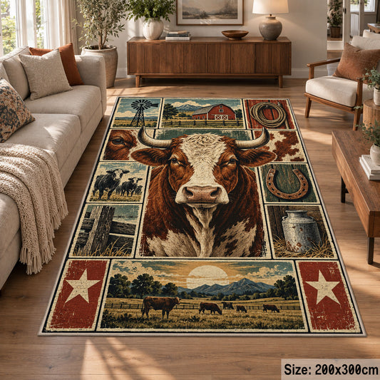 Farmhouse Cow Heritage Collage area rug shown in a lounge
