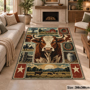 Farmhouse Cow Heritage Collage area rug shown in a sitting room