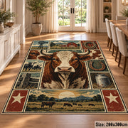 Farmhouse Cow Heritage Collage area rug shown in a dining room