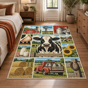 Cow and Tractor Farm Grid area rug shown in a bedroom