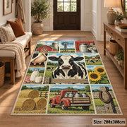 Cow and Tractor Farm Grid area rug shown in a entryway