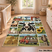 Cow and Tractor Farm Grid area rug shown in a nursery