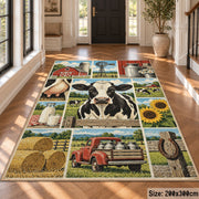 Cow and Tractor Farm Grid area rug shown in a foyer