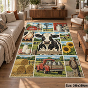 Cow and Tractor Farm Grid area rug shown in a lounge