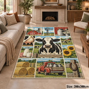 Cow and Tractor Farm Grid area rug shown in a sitting room