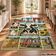 Cow and Tractor Farm Grid area rug shown in a dining room